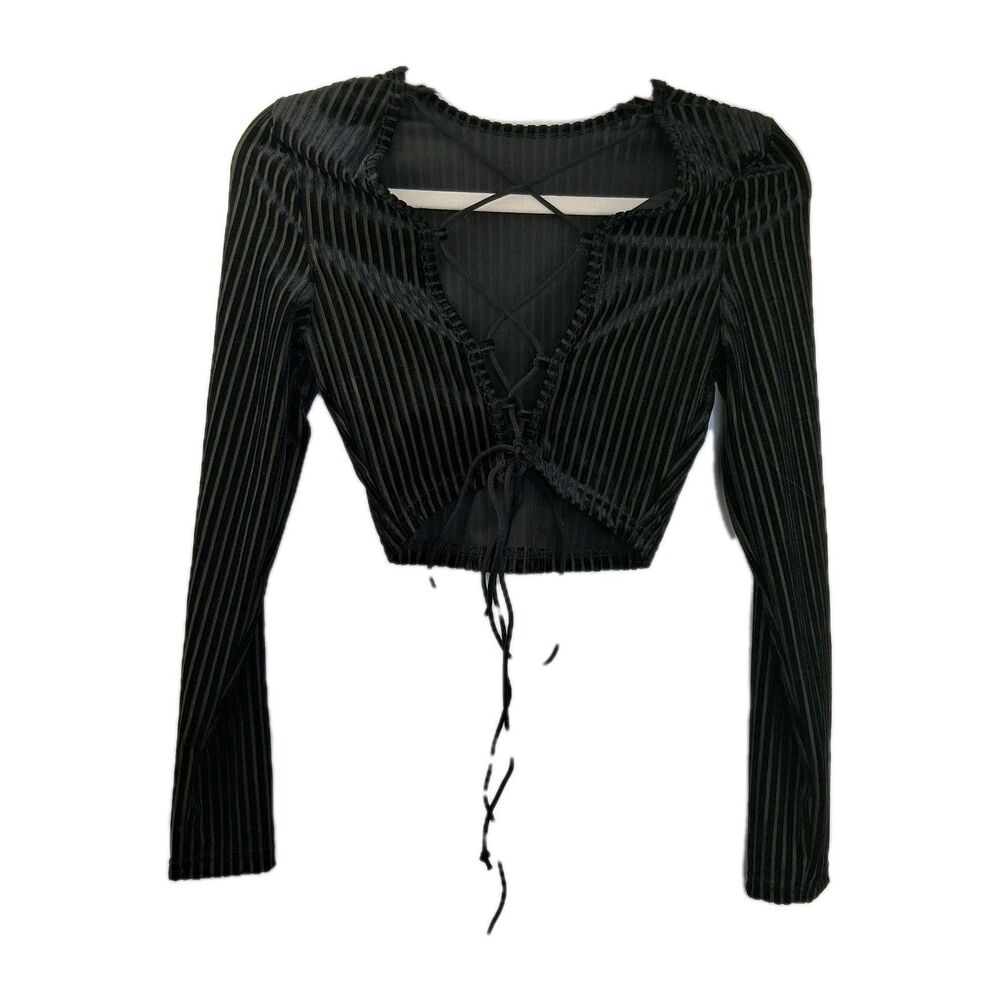 Black Ribbed Velvet Long Sleeve Lace-up Back Crop Top Size S Goth Grunge